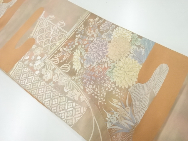 リサイクル　几帳に花・古典柄模様織出し袋帯